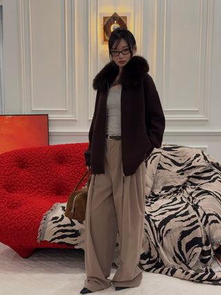 YVES SALOMON - Merino Knit and Fox Fur Jacket in Brown