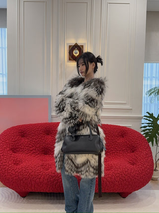 YVES SALOMON - COAT FOX BANDS/MERINOS KNITWEAR / NUANCE LUNE