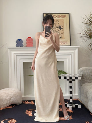 MAGDA BUTRYM Sequin spaghetti strap gown in cream