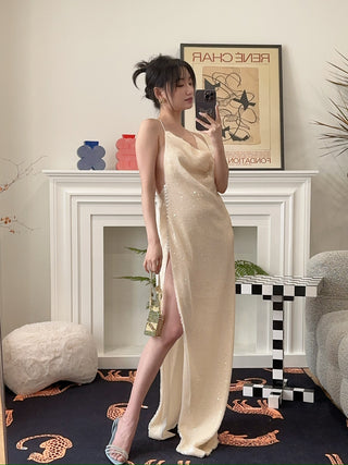 MAGDA BUTRYM Sequin spaghetti strap gown in cream