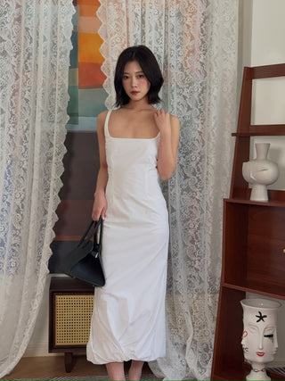 16ARLINGTON Sidd Satin Dress | Ivory White Square Neck Back Split Midi