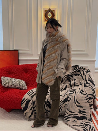 YVES SALOMON - Striped Fox Fur Scarf in Reddish Beige