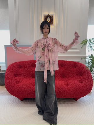BLUMARINE - Rose Print Silk Creponne Blouse