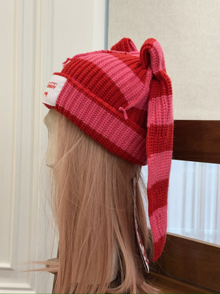 LOVERBOY - CHUNKY RABBIT BEANIE in RED PINK STRIPE