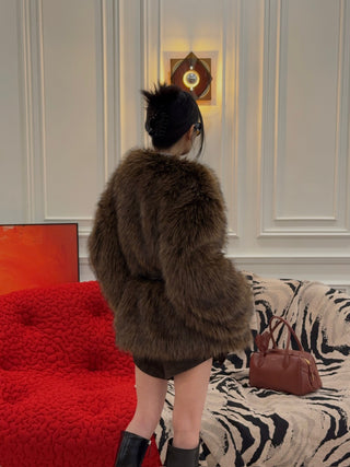 MAGDA BUTRYM - Belted Faux Fur Jacket in Brown