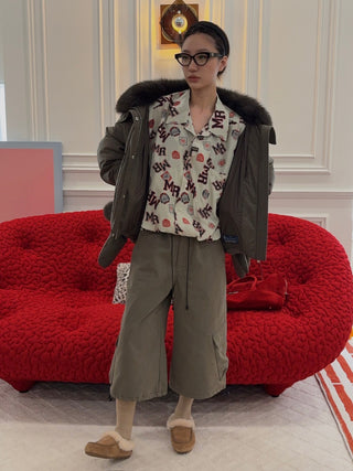 YVES SALOMON - Short down jacket with detachable fox fur collar and mittens