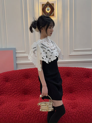 RXQUETTE - UPCYCLED RICHELIEU VEIL DRESS / BLACK WITH OFFWHITE
