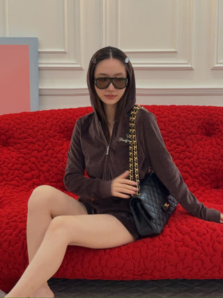 SPORTY & RICH X JUICY COUTURE - Juicy Script Velour Zip Hoodie in Chocolate