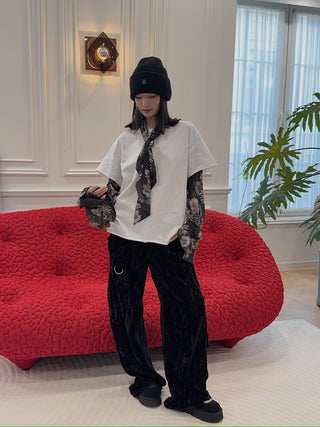 NATASHA ZINKO COMBO FLORAL PRINT TSHIRT LS PUSSY BOW BLOUSE