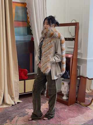 YVES SALOMON - Striped Fox Fur Scarf in Reddish Beige
