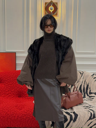 MAGDA BUTRYM - Belted Faux Fur Collar Jacket in Brown
