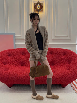 MAGDA BUTRYM - Double-Breasted Patterned Knit Cardigan With Shawl Collar in Camel