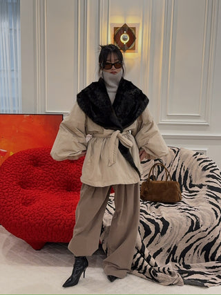 MAGDA BUTRYM - Belted Faux Fur Collar Jacket in Beige