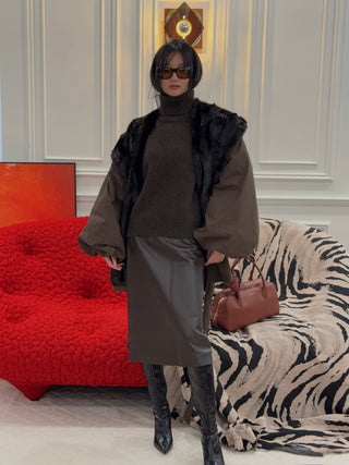 MAGDA BUTRYM - Belted Faux Fur Collar Jacket in Brown