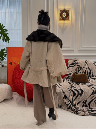 MAGDA BUTRYM - Belted Faux Fur Collar Jacket in Beige