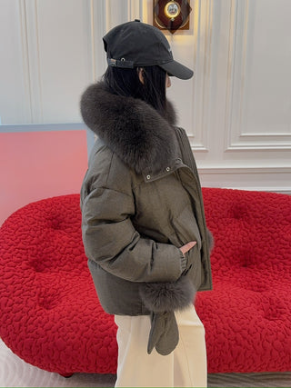 YVES SALOMON - Short down jacket with detachable fox fur collar and mittens