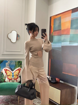 AWAKE - FLARED SLEEVE KNIT WITH CUT OUT DETAIL / BEIGE