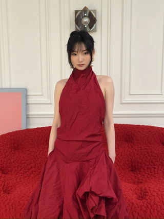 MAGDA BUTRYM - High-Neck Dress with Adjustable Skirt in Red