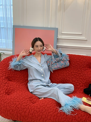 SLEEPER - PARTY  PAJAMA  SET WITH FEATHERS  /  BLUE
