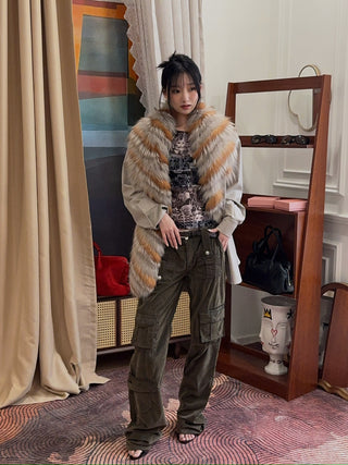 YVES SALOMON - Striped Fox Fur Scarf in Reddish Beige