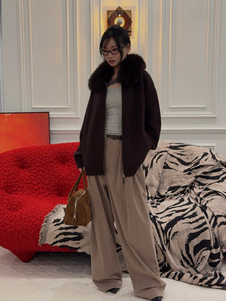 YVES SALOMON - Merino Knit and Fox Fur Jacket in Brown