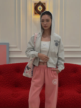 SPORTY & RICH - UCLA Crest Cropped Zip Hoodie in Gray