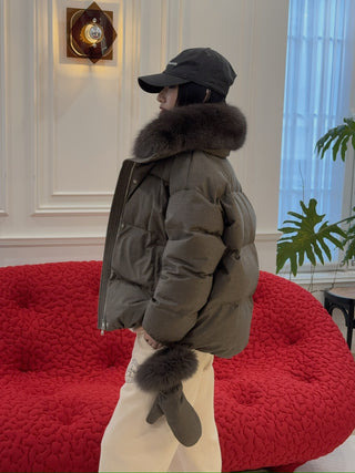 YVES SALOMON - Short down jacket with detachable fox fur collar and mittens