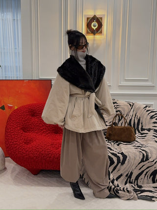 MAGDA BUTRYM - Belted Faux Fur Collar Jacket in Beige