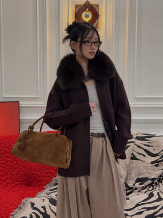 YVES SALOMON - Merino Knit and Fox Fur Jacket in Brown