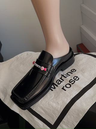 MARTINE ROSE - BEADED SQUARE TOE MULE / BLACK HIGH SHINE BLAHSH