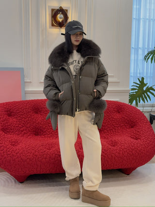 YVES SALOMON - Short down jacket with detachable fox fur collar and mittens