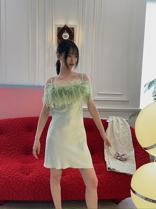 SLEEPER - BOHEME MINI DRESS WITH FEATHERS  IN MINT