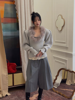 BLUMARINE - Wool Jumper With Fur-Trimmed Neckline in Ice Grey