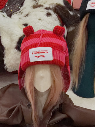 LOVERBOY - CHUNKY RABBIT BEANIE in RED PINK STRIPE