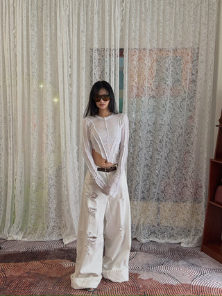 Sami Miro Vintage Asymmetric Long Sleeve Tee in White Rib