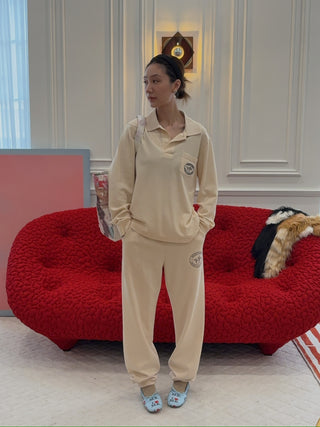 SPORTY & RICH - Riding Club Longsleeve Pique Polo in Cream