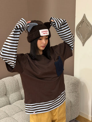 LOVERBOY - LONG SLEEVE 2-IN-1 TEE WITH KNIT PATCH in BROWN STRIPE