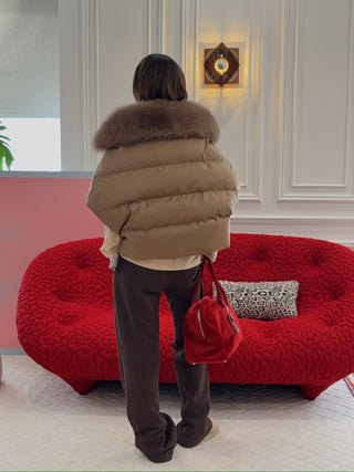 YVES SALOMON - Flannel Cape With Detachable Fox Fur Collar in Camel