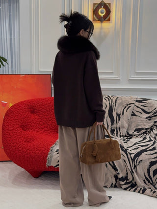 YVES SALOMON - Merino Knit and Fox Fur Jacket in Brown