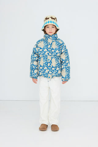 TINY COTTON - White Roses Short Padded Jacket in Petrol Blue