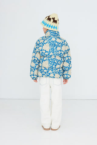 TINY COTTON - White Roses Short Padded Jacket in Petrol Blue