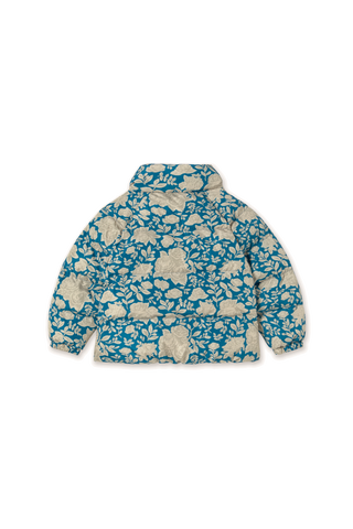 TINY COTTON - White Roses Short Padded Jacket in Petrol Blue