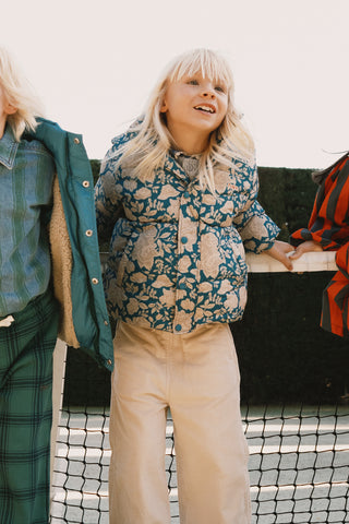 TINY COTTON - White Roses Short Padded Jacket in Petrol Blue