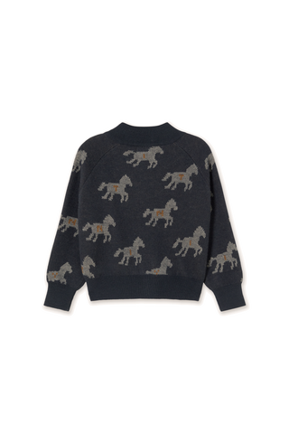 TINY COTTON - Horses Mockneck Cardigan in Ink Blue