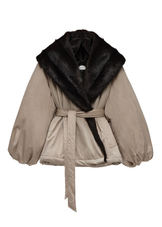 MAGDA BUTRYM - Belted Faux Fur Collar Jacket in Beige