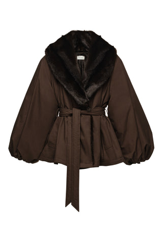 MAGDA BUTRYM - Belted Faux Fur Collar Jacket in Brown
