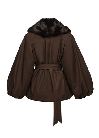 MAGDA BUTRYM - Belted Faux Fur Collar Jacket in Brown