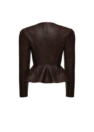 MAGDA BUTRYM - Fitted Leather Peplum Jacket in Brown