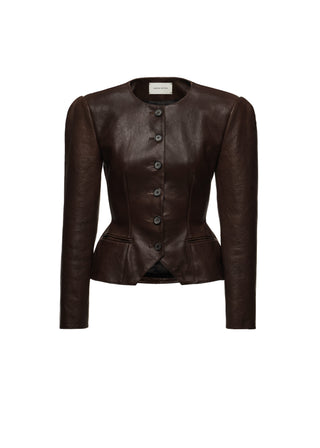 MAGDA BUTRYM - Fitted Leather Peplum Jacket in Brown