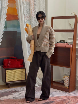 MAGDA BUTRYM - Double-Breasted Patterned Knit Cardigan With Shawl Collar in Camel